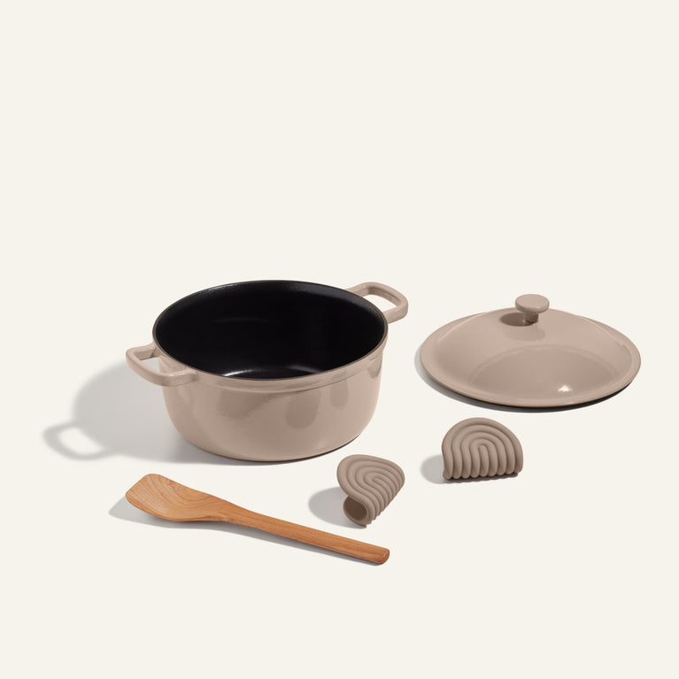 Beige Cast Iron Always Pan with scraper and hot grips