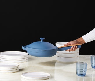 Our Place - Black Friday 2022 - Dinner for Four - Always Pan in Blue Salt, Full Plates, Midi Plates, and Midi Bowls in Steam, Night + Day Glasses in Twilight