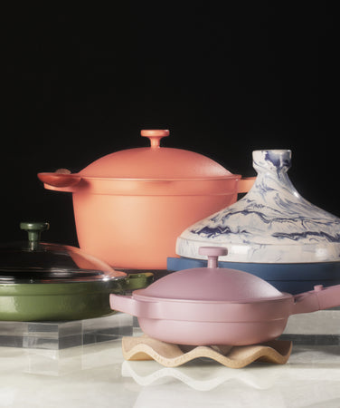 Our Place - Black Friday 2022 - Mystery Gift Promo - Mini Always Pan in Lavender, Cast Iron Always Pan in Sage, Perfect in Spice, Always Pan in Blue Salt, Tagine in Midnight Marble, Wave Trivet and Night + Day Glasses in Rosa