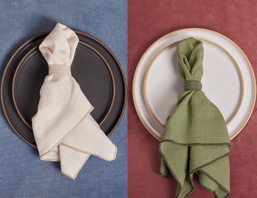 A collage of table settings with different colored Loop Napkins