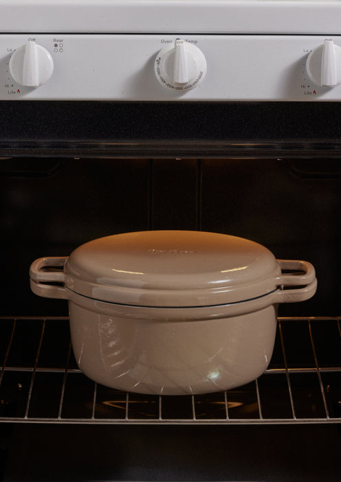 beige cast iron perfect pot and hot grill in oven