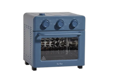 Blue air fryer oven with three control knobs on the front panel and a glass door.