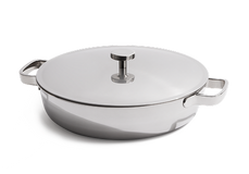 A stainless steel lidded pan with two side handles is shown against a plain white background.