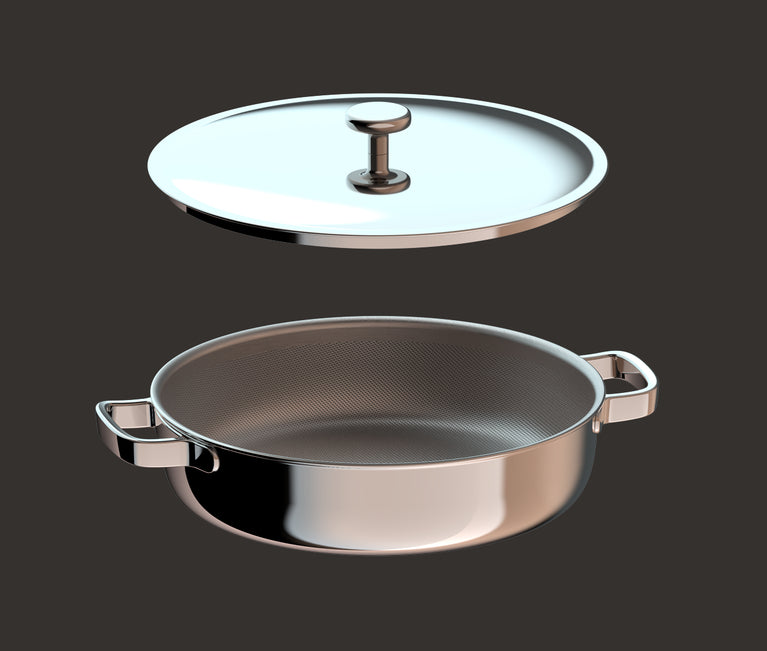 A stainless steel pot with two handles and a matching lid positioned above it against a dark background.