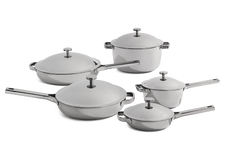 A set of five light gray lidded pots and pans of varying sizes.