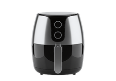 A black and silver air fryer with two control dials on the front.