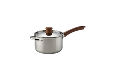 A stainless steel saucepan with a glass lid and a long brown handle, set against a plain white background.