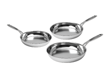 Three stainless steel frying pans of different sizes with metal handles, arranged on a white background.