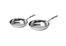 Two stainless steel frying pans with long handles are placed side by side on a plain white background.