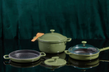 green cast iron always pan, perfect pot, hot grill, grill press