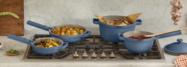 blue salt cookware set on stove - always pan, mini always pan, perfect pot and mini perfect pot