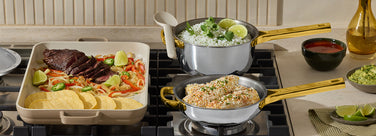 cooking steak, peppers and tortillas on beige griddle pan. Cooking rice and corn in gold titanium mini perfect pot pro and gold titanium mini always pan pro