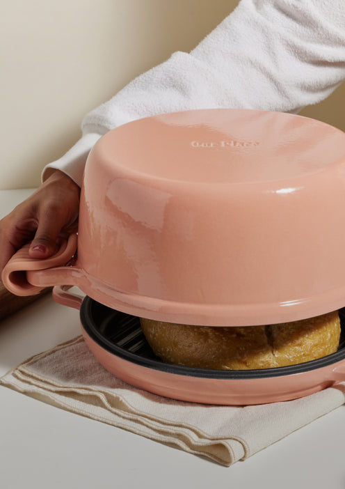 pink cast iron hot grill and perfect pot with bread