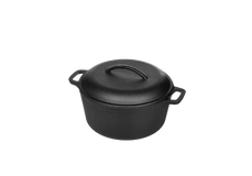 Black cast iron Dutch oven with a lid and two side handles, shown against a plain white background.