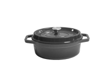 A black ceramic oval casserole dish with handles and a matching lid, placed on a plain white background.