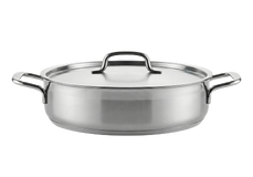 A stainless steel saute pan with a matching lid and two handles, shown on a white background.