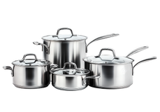 A set of four stainless steel pots and pans with lids, displayed against a plain white background.