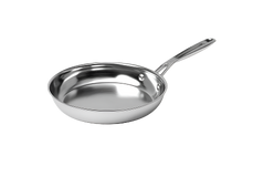 A stainless steel frying pan with a long handle, shown on a plain white background.