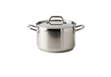 Stainless steel pot with a lid and two handles, placed on a plain white background.