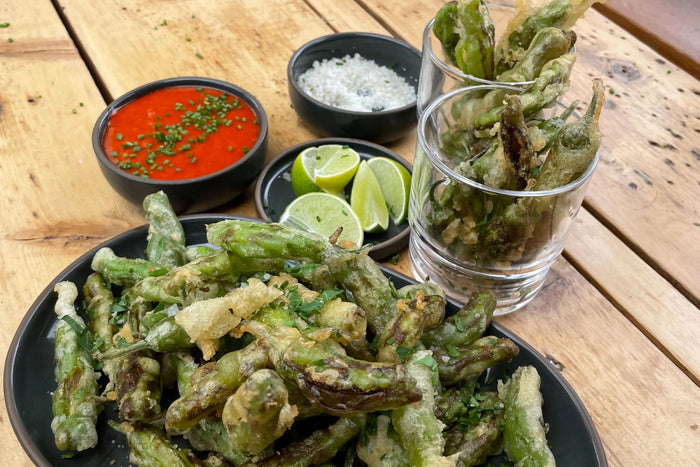 Beer Battered Fried Shishito Peppers with Gochujang Mayo