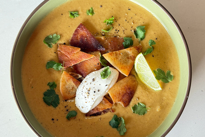 Curried Cauliflower Soup with Naan Croutons