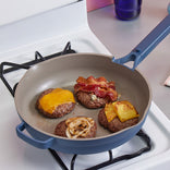 Searing burgers in a blue Large Always Pan