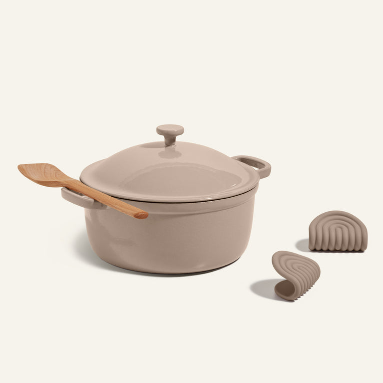 Beige Cast Iron Perfect Pot with hot grips and scraper