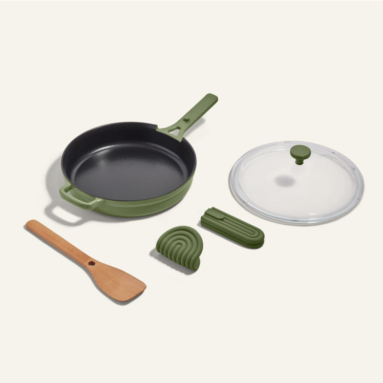 Green Cast Iron Always Pan with spatula and hot grips