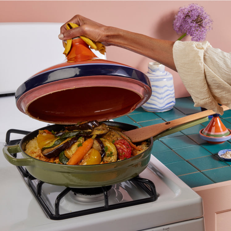 Green Cast Iron Always Pan with tagine
