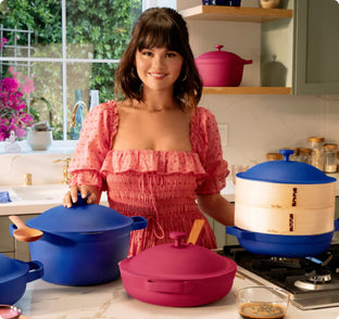 Our Place x Selana Gomez collection with azul perfect pot and rosa always pan