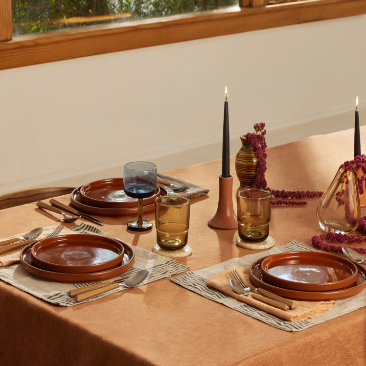 Terracotta dinner plates tablescape