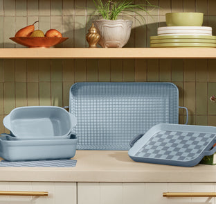 ultimate bakeware set on counter - bakeware set, griddle pan, oven rack, mini griddle pan, mini and regular oven mats