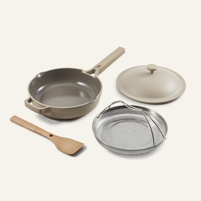 beige-always-pan-with-steamer-and-spatula