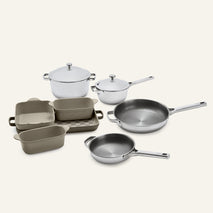Titanium Pro Cookware + Bakeware Set 2.0 including two pots with lids, two frying pans, and three ceramic bakeware dishes.