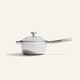 A silver-colored Titanium Perfect Pot Pro 3 L metal saucepan with a lid and a long handle.