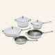 The Titanium Pro Cookware Set+ 2.0, a five-piece stainless steel collection featuring two lidded pots, two frying pans, and a lidded sauté pan.