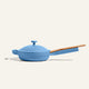 The Ceramic Nonstick Always Pan 20 cm in blue, featuring a lid and a wooden handle, is displayed on a neutral background, offering multifunctional versatility for all your cooking needs.