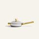 Titanium Always Pan Pro 20 cm 2.0 in silver-toned stainless steel with a light gray lid and gold-colored handles.
