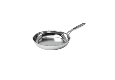 A stainless steel frying pan with a long handle shown against a plain white background.