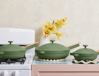 green always pan mini always pan large always pan bundle on stovetop