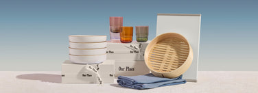 dinner bowls, short drinking glasses, spruce steamer, daily board, double dish towels