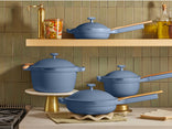 blue cookware set on counter