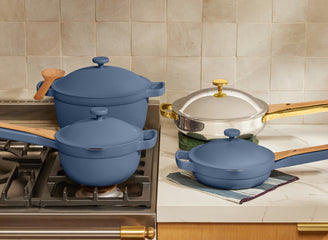 gold titanium always pan pro with blue cookware set on counter and stove