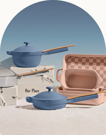 our place gifts over £200 - ultimate cookware set - chrome titanium always pan, blue mini perfect pot, mini always pan and pink bakeware set