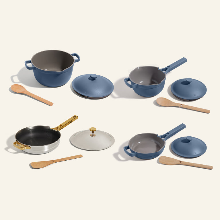 Titanium Always Pan Pro Chrome/gold with Blue Perfect Pot, Mini Perfect Pot, Mini Always Pan, Cookware Set pro bundle expanded with spatulas and spoons