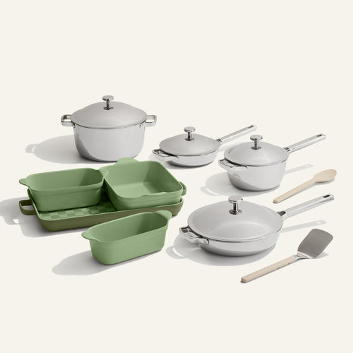 chrome titanium perfect pot, always pan, mini always pan, mini perfect pot pro, green bakeware set with stainless steel spatula and silicone spoon