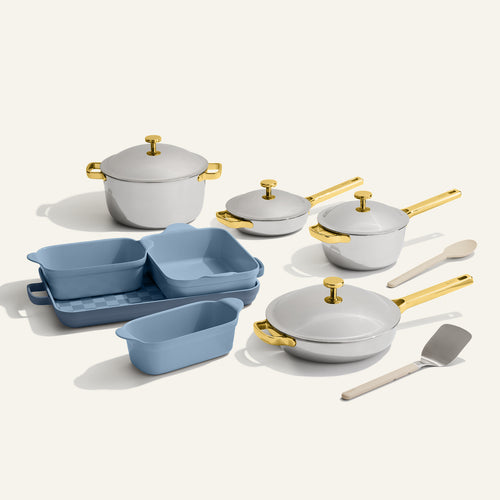 gold titanium perfect pot, always pan, mini always pan, mini perfect pot pro, blue bakeware set with stainless steel spatula and silicone spoon