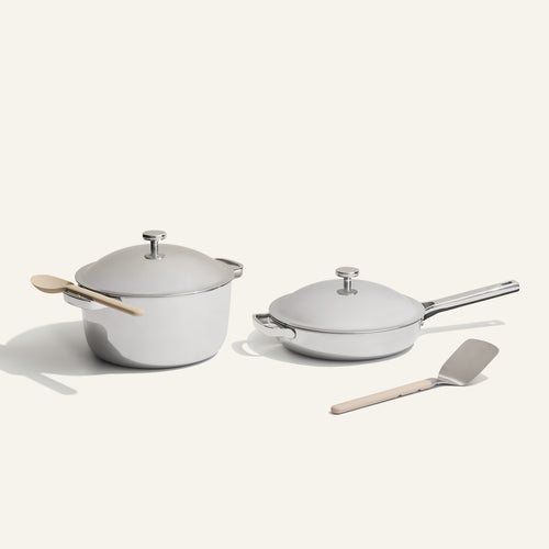 chrome titanium perfect pot and always pan pro with stainless steel and silicone spoon