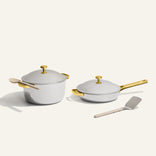 gold titanium perfect pot and always pan pro with stainless steel and silicone spoon