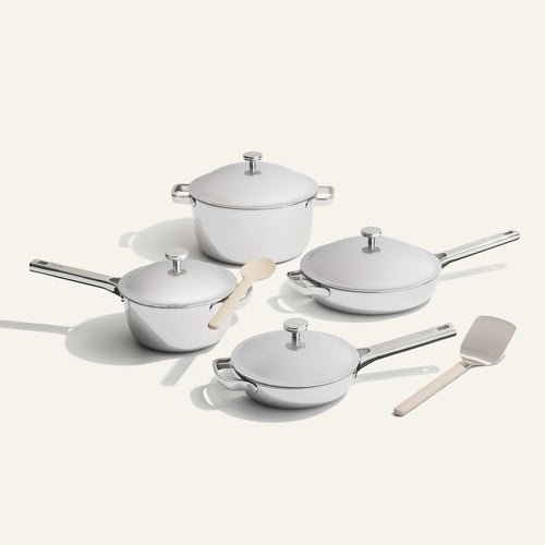 chrome titanium perfect pot, always pan, mini perfect pot and mini always pan pro with stainless steel and silicone spoon